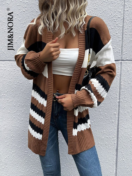 JIM & NORA Women Autumn Long Sleeve Patchwork Soild Colour Knit Cardigan Long Sweater Coat Outdoor Warm Ladies Casual