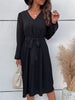 JIM & NORA Women Autumn Long Sleeve Pleated Midi Dress Soild Colour V Neck Ruffles Tunic Dresses Casual Folds Vestidos Fashion
