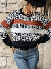 JIM & NORA Women Autumn Long Sleeve Round Neck Leopard Print Colour Stitching Loose Knit Sweater Ladies Casual Pullover Tops