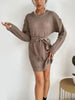 JIM & NORA Women Autumn Long Sleeve Round Neck Tunic Knit Mini Sweater Dress Soild Colour Casual Dresses Loose Pullover