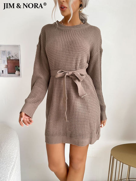 JIM & NORA Women Autumn Long Sleeve Round Neck Tunic Knit Mini Sweater Dress Soild Colour Casual Dresses Loose Pullover