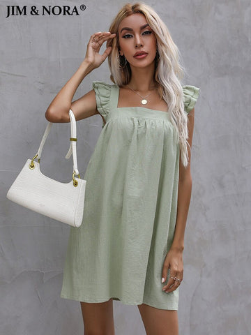 JIM & NORA Women Casual Summer Sleeveless Backless Loose Fitting Slip Mini Dress Soild Colour Flounced Edge Dresses Fashion