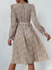 JIM & NORA Women Elegant Floral Printed Midi Pleated Dresses Spring Summer Casual O Neck Long Sleeve Ladies Chic Belt Fold Dress