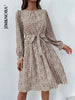 JIM & NORA Women Elegant Floral Printed Midi Pleated Dresses Spring Summer Casual O Neck Long Sleeve Ladies Chic Belt Fold Dress