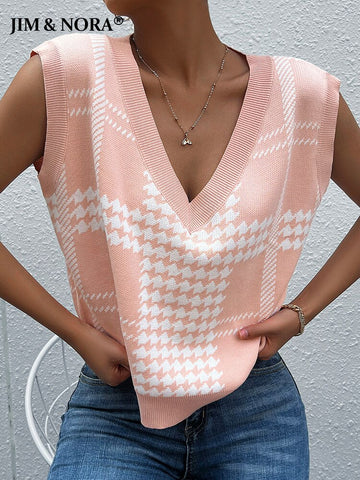 JIM & NORA Women Floral Print Sleeveless V Neck Loose Sweater Vest Casual Autumn Ladies Pullover Tops Office Outdoor Wear