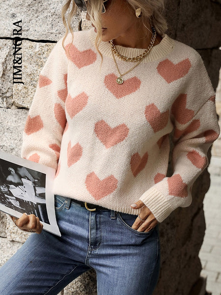 JIM & NORA Women Heart Print Pink Knit Long Sleeve Round Neck Sweater Autumn Ladies Casual Loose Pullover Female Tops