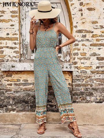 JIM & NORA Women Jumpsuits 2023 Sleeveless Boho Floral Print Wide Leg Long Pants Bohemian Rompers Ladies Holiday Trousers
