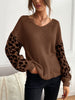 JIM & NORA Women Leopard Long Sleeve Round Neck Knit Loose Sweater Casual Soild Colour Patchwork Blouse Tops Pullover