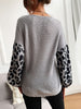 JIM & NORA Women Leopard Long Sleeve Round Neck Knit Loose Sweater Casual Soild Colour Patchwork Blouse Tops Pullover