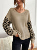 JIM & NORA Women Leopard Long Sleeve Round Neck Knit Loose Sweater Casual Soild Colour Patchwork Blouse Tops Pullover