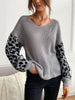 JIM & NORA Women Leopard Long Sleeve Round Neck Knit Loose Sweater Casual Soild Colour Patchwork Blouse Tops Pullover