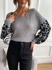JIM & NORA Women Leopard Long Sleeve Round Neck Knit Loose Sweater Casual Soild Colour Patchwork Blouse Tops Pullover