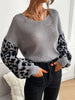 JIM & NORA Women Leopard Long Sleeve Round Neck Knit Loose Sweater Casual Soild Colour Patchwork Blouse Tops Pullover