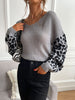 JIM & NORA Women Leopard Long Sleeve Round Neck Knit Loose Sweater Casual Soild Colour Patchwork Blouse Tops Pullover