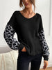 JIM & NORA Women Leopard Long Sleeve Round Neck Knit Loose Sweater Casual Soild Colour Patchwork Blouse Tops Pullover