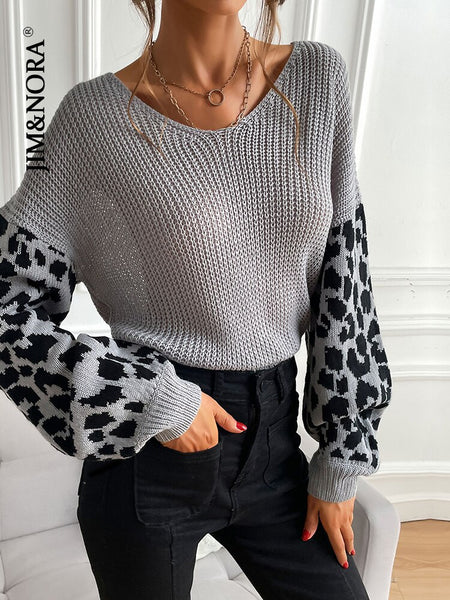 JIM & NORA Women Leopard Long Sleeve Round Neck Knit Loose Sweater Casual Soild Colour Patchwork Blouse Tops Pullover