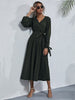 JIM & NORA Women Long Sleeve Hollow Out V Neck Tunic Midi Dress Soild Colour Ruffle Pleated Dresses Casual Vestidos New