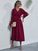 JIM & NORA Women Long Sleeve Hollow Out V Neck Tunic Midi Dress Soild Colour Ruffle Pleated Dresses Casual Vestidos New