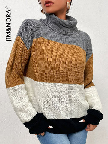 JIM & NORA Women Long Sleeve Patchwork Soild Colour High Collar Loose Knit Sweater Ladies Casual Autumn Warm Pullover Fashion