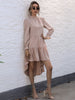 JIM & NORA Women Long Sleeve Pure Colour Pleated Mini Dress Illergular Hem Ruffles Folds Dresses Casual Autumn Vestidos