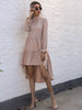 JIM & NORA Women Long Sleeve Pure Colour Pleated Mini Dress Illergular Hem Ruffles Folds Dresses Casual Autumn Vestidos