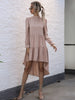 JIM & NORA Women Long Sleeve Pure Colour Pleated Mini Dress Illergular Hem Ruffles Folds Dresses Casual Autumn Vestidos