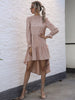JIM & NORA Women Long Sleeve Pure Colour Pleated Mini Dress Illergular Hem Ruffles Folds Dresses Casual Autumn Vestidos
