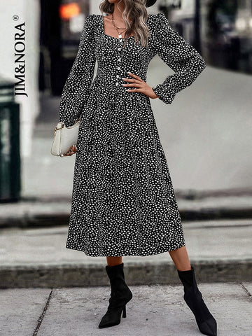 JIM & NORA Women Long Sleeve Square Collar Polka Dot Print Midi Dress Vintage Floral Dots Dresses Ladies Vestidos Autumn