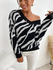 JIM & NORA Women Long Sleeve Stripe Printed V Neck Loose Pullover Casual Knit Sweater Autumn Spring Outdoor Warm Tops