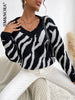 JIM & NORA Women Long Sleeve Stripe Printed V Neck Loose Pullover Casual Knit Sweater Autumn Spring Outdoor Warm Tops