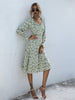 JIM & NORA Women Long Sleeve V Neck Floral Print Midi Pleated Dress Spring Autumn Casual Outdoor Holiday Fold Dresses