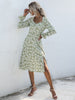 JIM & NORA Women Long Sleeve V Neck Floral Print Midi Pleated Dress Spring Autumn Casual Outdoor Holiday Fold Dresses