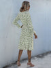 JIM & NORA Women Long Sleeve V Neck Floral Print Midi Pleated Dress Spring Autumn Casual Outdoor Holiday Fold Dresses