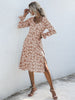JIM & NORA Women Long Sleeve V Neck Floral Print Midi Pleated Dress Spring Autumn Casual Outdoor Holiday Fold Dresses
