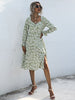 JIM & NORA Women Long Sleeve V Neck Floral Print Midi Pleated Dress Spring Autumn Casual Outdoor Holiday Fold Dresses