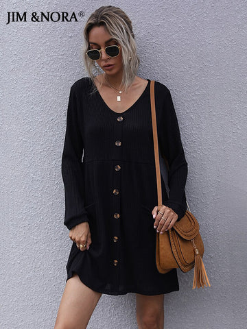 JIM & NORA Women Long Sleeve V Neck Loose Mini Sweater Dress Soild Colour Buttons Casual Autumn Knit Dresses Pullover