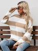JIM & NORA Women Patchwork Colour Block Long Sleeve Round Neck Loose Knit Sweater Casual Autumn Warm Pullover Tops