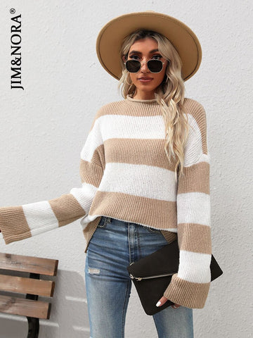 JIM & NORA Women Patchwork Colour Block Long Sleeve Round Neck Loose Knit Sweater Casual Autumn Warm Pullover Tops
