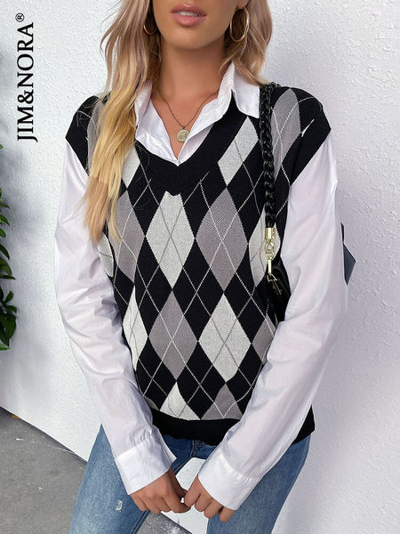 JIM & NORA Women Plaid Print Sleeveless V Neck Knit Sweater Vest Ladies Patchwork Loose Casual Pullover Tops Oversize