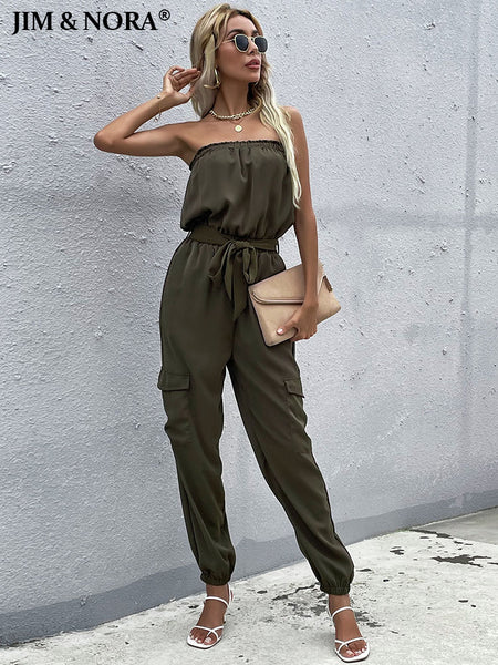 JIM & NORA Women Sexy Tube Top Romper Strapless Bandeau Jumpsuit Drawstring Long Pants Tracksuit Jogger Set Army Green Outfits