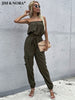 JIM & NORA Women Sexy Tube Top Romper Strapless Bandeau Jumpsuit Drawstring Long Pants Tracksuit Jogger Set Army Green Outfits