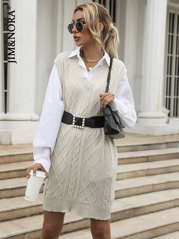 JIM & NORA Women Sleeveless Soild Colour V Neck Long Knit Sweater Dress Ladies Autumn Loose Pullover Casual Tops Fashion