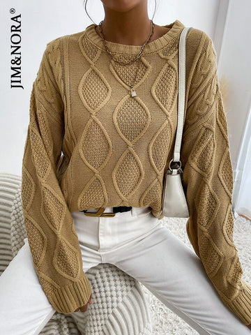 JIM & NORA Women Soild Colour Long Sleeve Round Neck Knit Pullover Autumn Warm Loose Sweater Casual Tops
