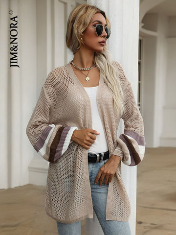 JIM & NORA Women Soild Colour Long Sleeve V Neck Breathable Hollow Out Cardigan Sexy See Through Patchwork Tops Autumn Casual