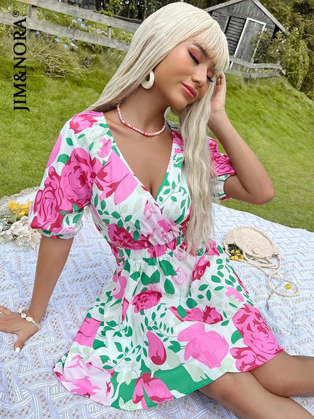 JIM & NORA Women Summer Beach Floral Print Mini Dress Short Sleeve V Neck Tunic Sexy Dresses Hollow Out Vestidos Casual