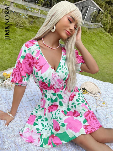 JIM & NORA Women Summer Beach Floral Print Mini Dress Short Sleeve V Neck Tunic Sexy Dresses Hollow Out Vestidos Casual