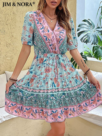 JIM & NORA Women Vintage Boho Floral Short Sleeve V Neck Mini Dress Bohemian Tunic Casual Summer Dresses Beach Sundress