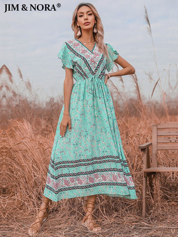 JIM & NORA Women Vintage Bohomian Floral Dress Half Sleeve V Neck Dresses Boho Print A-Line Casual Midi Long Green Pink Vestidos