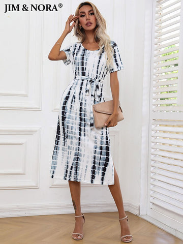 JIM & NORA Women Vintage Floral Print Short Sleeve Slim FIt Midi Dress Elegant Office Ladies Dresses With Belt Summer Hot