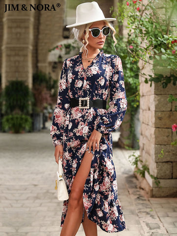 JIM & NORA Women Vintage Floral Printed Long Sleeve V Neck Elegant Midi Dress Casual Autumn Spring Split Dresses Hot